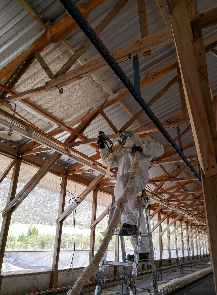 Operario aplicando poliuretano en techumbre de galpón agrícola extenso